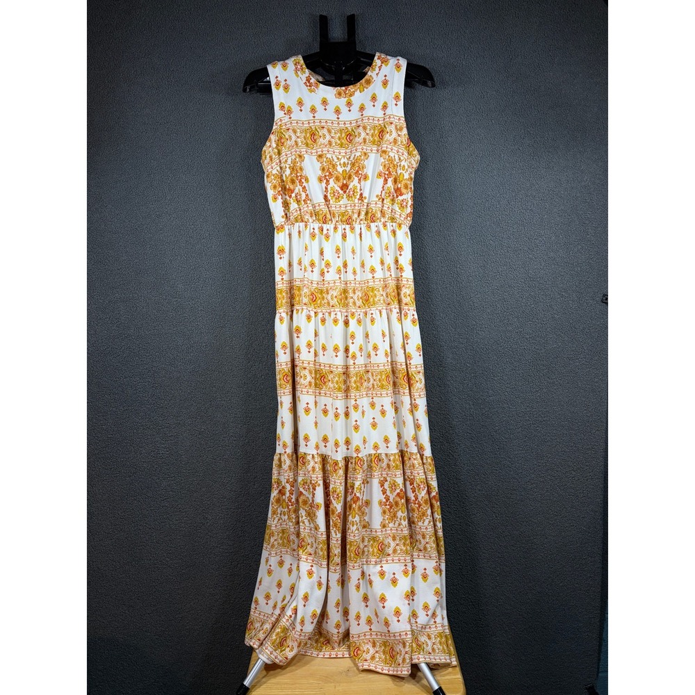 En Crème Maxi Dress Women Small White Orange Floral Tiered Sleeveless Boho 8923